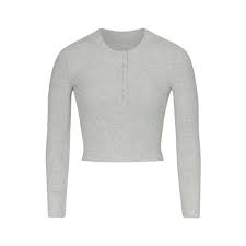 SKIMS COTTON RIB LONG SLEEVE CROP HENLEY LIGHT HEATHER GREY