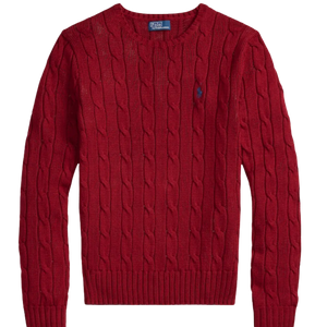 Women Red Cable-Knit Cotton Crewneck Sweater
