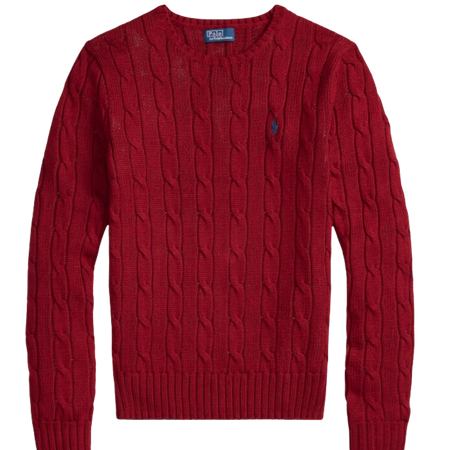 Women Red Cable-Knit Cotton Crewneck Sweater
